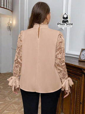Blusa Elegante Plus Size com Gola Alta Manga 100% Rendada Várias Cores Blusa Elegante Plus Size com Gola Alta Manga