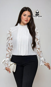 Blusa Elegante Plus Size com Gola Alta Manga 100% Rendada Várias Cores G / Branco Blusa Elegante Plus Size com Gola