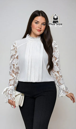 Blusa Elegante Plus Size com Gola Alta Manga 100% Rendada Várias Cores G / Branco Blusa Elegante Plus Size com Gola