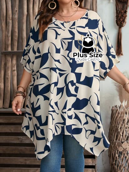 Blusa Estampa Geométrica E Mangas Curtas Decote Redondo Plus Size Extra