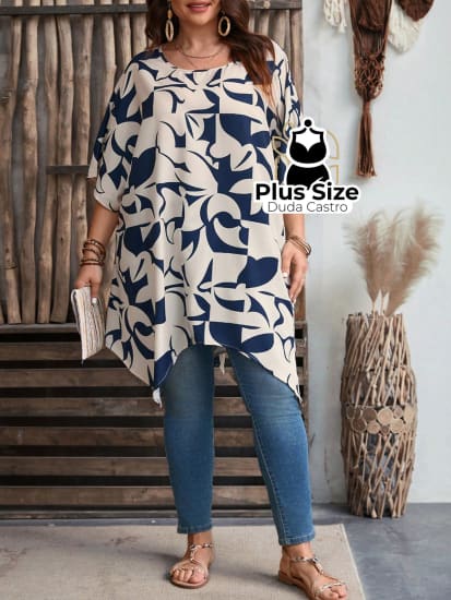 Blusa Estampa Geométrica E Mangas Curtas Decote Redondo Plus Size Extra