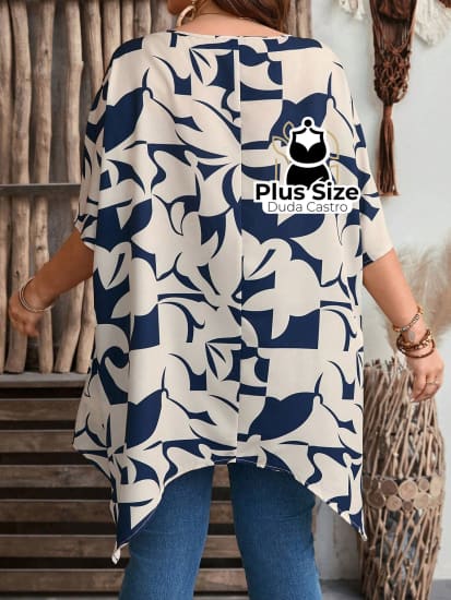 Blusa Estampa Geométrica E Mangas Curtas Decote Redondo Plus Size Extra