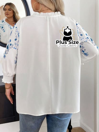 Blusa Floral Babados Com Amarração No Pescoço E Punhos Franzidos Plus Size Extra