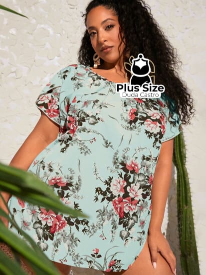 Blusa Floral Manga Pétala Plus Size Extra G5 / Azul Bebê Blusa