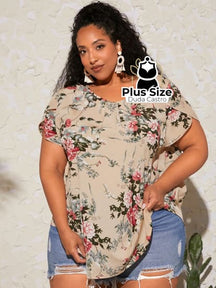 Blusa Floral Manga Pétala Plus Size Extra G5 / Damasco Blusa