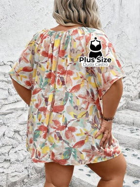 Blusa Folgada De Mangas Borboleta Com Estampa Folhas Plus Size Extra