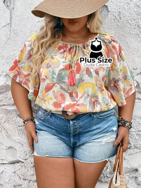 Blusa Folgada De Mangas Borboleta Com Estampa Folhas Plus Size Extra