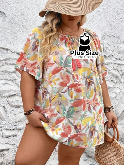 Blusa Folgada De Mangas Borboleta Com Estampa Folhas Plus Size Extra