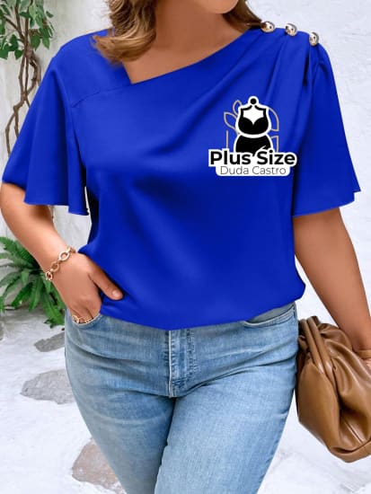 Blusa Gola Assimétrica Detalhe Em Botão Manga De Borboleta Várias Cores Plus Size