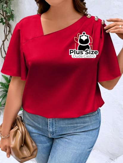 Blusa Gola Assimétrica Detalhe Em Botão Manga De Borboleta Várias Cores Plus Size