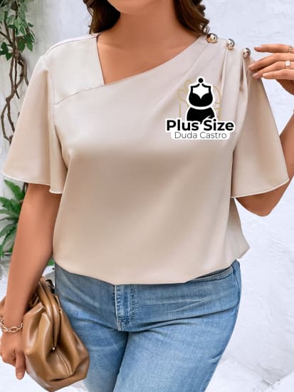 Blusa Gola Assimétrica Detalhe Em Botão Manga De Borboleta Várias Cores Plus Size