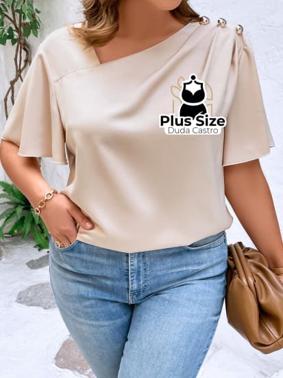 Blusa Gola Assimétrica Detalhe Em Botão Manga De Borboleta Várias Cores Plus Size