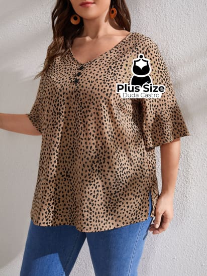 Blusa Leopardo Botões Na Frente Plus Size