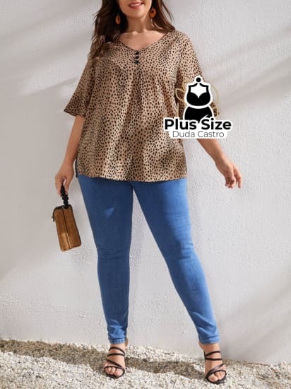 Blusa Leopardo Botões Na Frente Plus Size