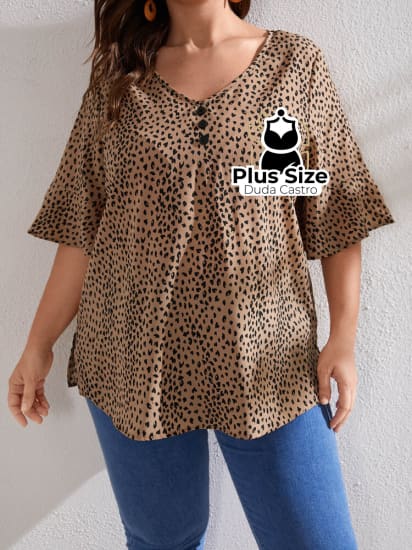 Blusa Leopardo Botões Na Frente Plus Size