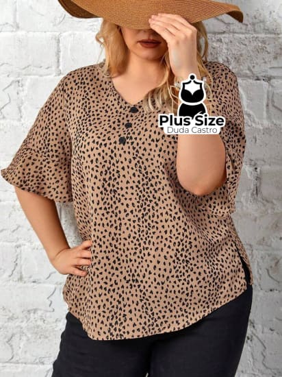 Blusa Leopardo Botões Na Frente Plus Size