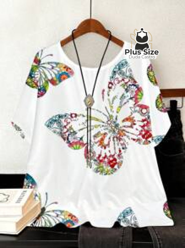 Camiseta Plus Size G Ao G5 Solta Com Borboletas Blusa