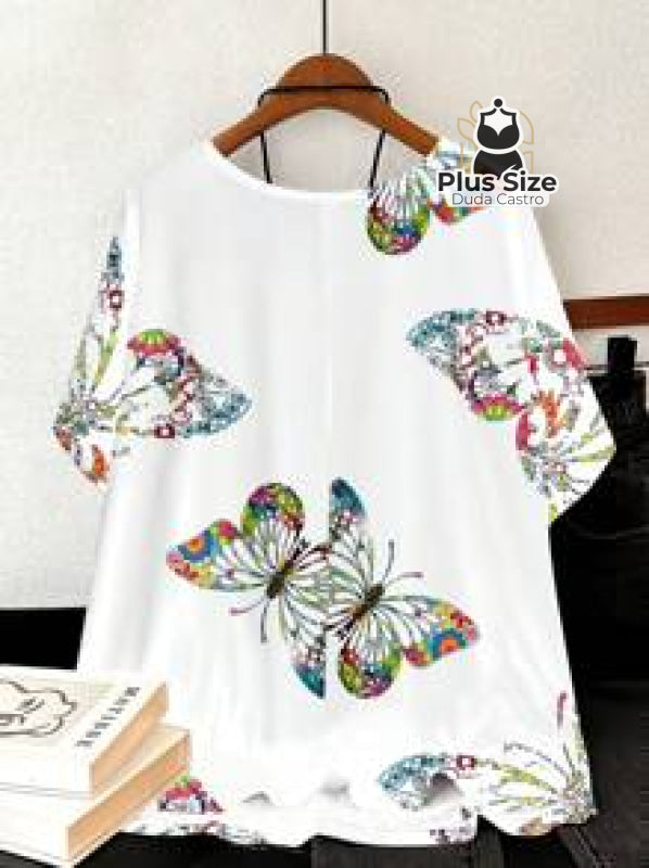 Camiseta Plus Size G Ao G5 Solta Com Borboletas Blusa