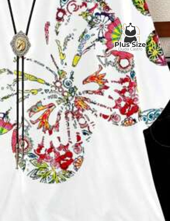 Camiseta Plus Size G Ao G5 Solta Com Borboletas Blusa