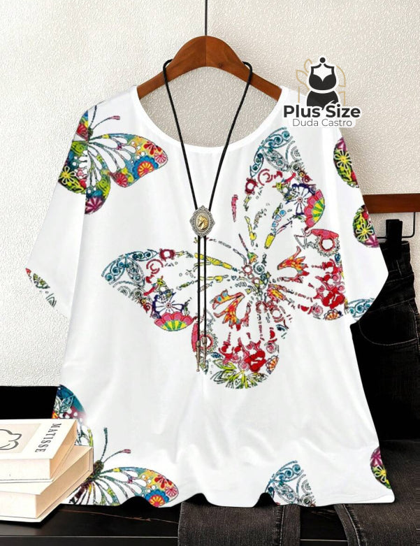 Camiseta Plus Size G Ao G5 Solta Com Borboletas Blusa