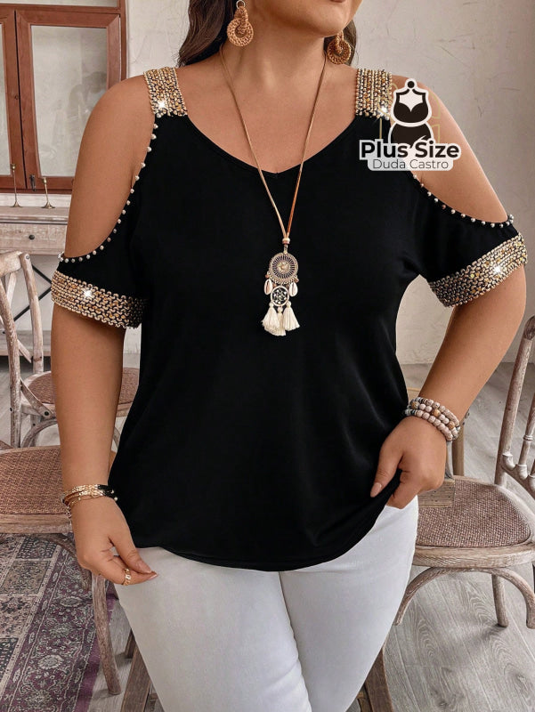 Camisa Plus Size Ombros Abertos Várias Cores G / Preto Blusa