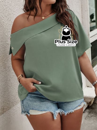 1 Plussize Blusa Manga Assimétrica Detalhe Em Botões G / Verde Menta Plus Size