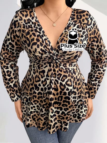 Blusa Manga De Leopardo Com Nó No Decote Plus Size Size