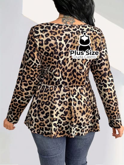 Blusa Manga De Leopardo Com Nó No Decote Plus Size Size