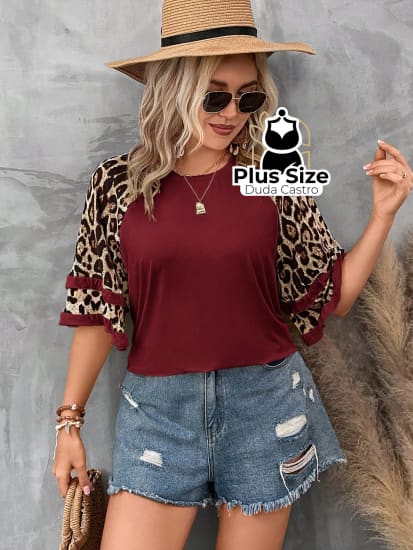 Blusa Manga De Leopardo Flare Plus Size Várias Cores