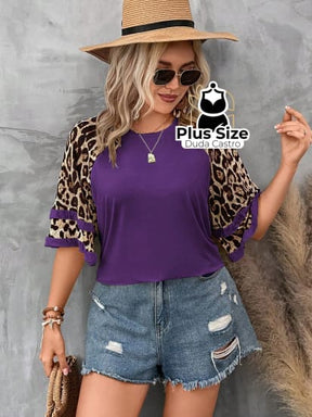 Blusa Manga De Leopardo Flare Plus Size Várias Cores