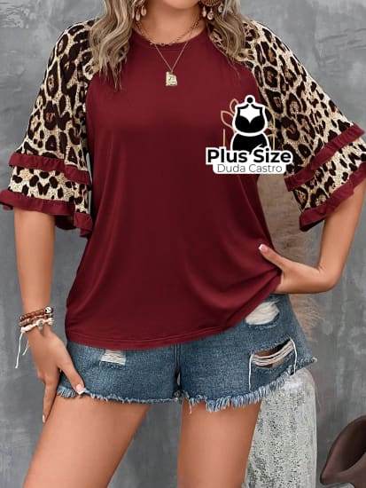 Blusa Manga De Leopardo Flare Plus Size Várias Cores