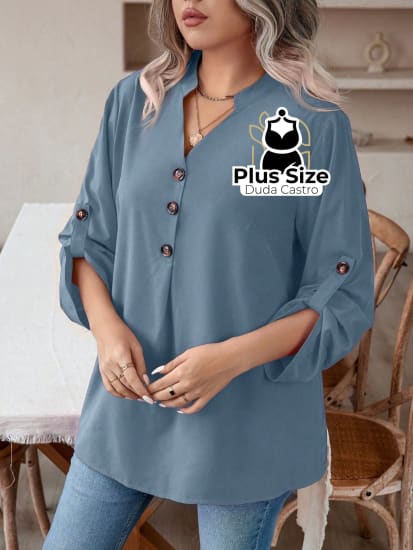 Blusa Manga E Decote Com Detalhe Em Botões Plus Size G / Azul Empoeirado