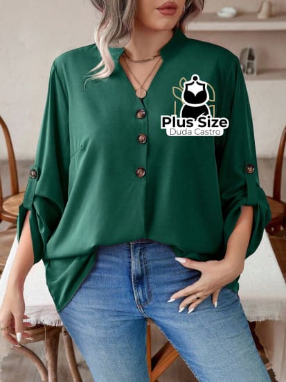 Blusa Manga E Decote Com Detalhe Em Botões Plus Size G / Verde Escuro