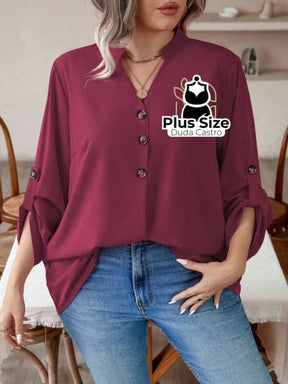 Blusa Manga E Decote Com Detalhe Em Botões Plus Size G / Vinho