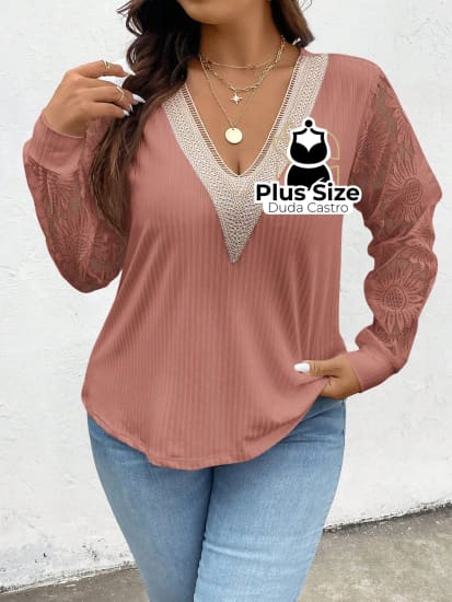 Blusa Manga Longa Bordada Decote Em V Renda Floral Várias Cores Plus Size