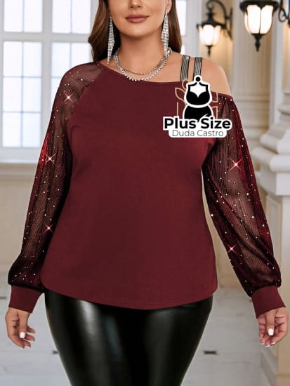 Blusa Manga Longa Com Brilho E Decote Assimétrico Plus Size G / Vinho