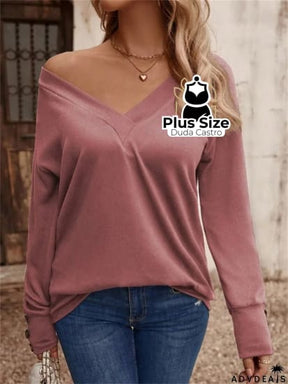 Blusa Manga Longa Detalhe Do Botão E Gola V Várias Cores Plus Size