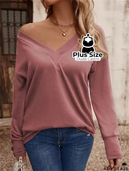 Blusa Manga Longa Detalhe Do Botão E Gola V Várias Cores Plus Size