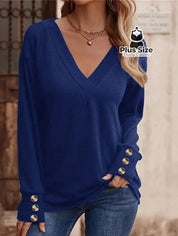 Blusa Manga Longa Detalhe Do Botão E Gola V Várias Cores Plus Size