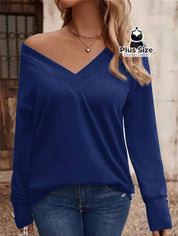 Blusa Manga Longa Detalhe Do Botão E Gola V Várias Cores Plus Size G / Azul