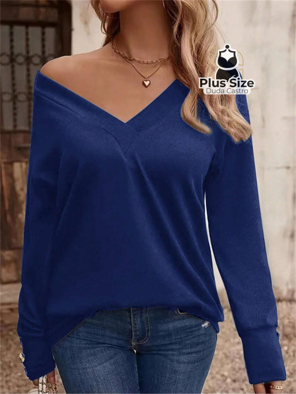 Blusa Manga Longa Detalhe Do Botão E Gola V Várias Cores Plus Size G / Azul
