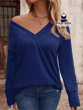 Blusa Manga Longa Detalhe Do Botão E Gola V Várias Cores Plus Size G / Azul