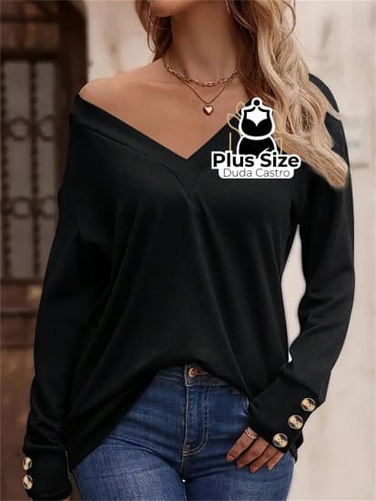 Blusa Manga Longa Detalhe Do Botão E Gola V Plus Size