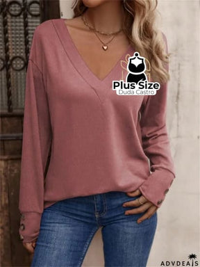 Blusa Manga Longa Detalhe Do Botão E Gola V Várias Cores Plus Size