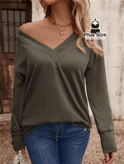 Blusa Manga Longa Detalhe Do Botão E Gola V Várias Cores Plus Size