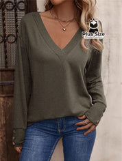 Blusa Manga Longa Detalhe Do Botão E Gola V Várias Cores Plus Size