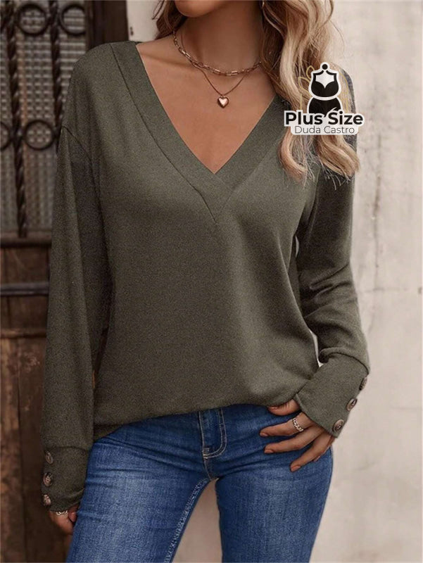 Blusa Manga Longa Detalhe Do Botão E Gola V Várias Cores Plus Size