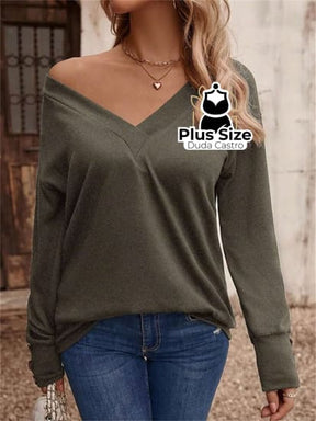 Blusa Manga Longa Detalhe Do Botão E Gola V Várias Cores Plus Size