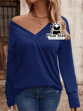 Blusa Manga Longa Detalhe Do Botão E Gola V Várias Cores Plus Size G / Azul