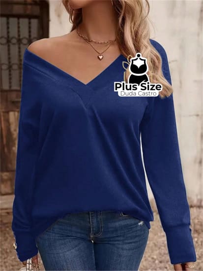 Blusa Manga Longa Detalhe Do Botão E Gola V Várias Cores Plus Size G / Azul